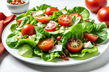 Wall Mural - salad with tomatoes and lettuce on a white plate