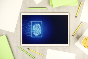 Aufkleber - Top view of modern digital tablet display with abstract creative fingerprint illustration, personal biometric data concept. 3D Rendering