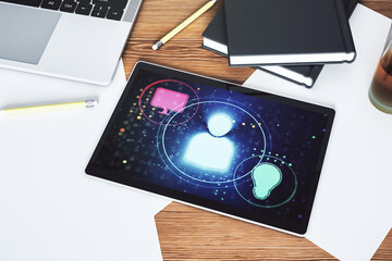 Poster - Modern digital tablet screen with social network icons concept. Networking concept. Top view. 3D Rendering