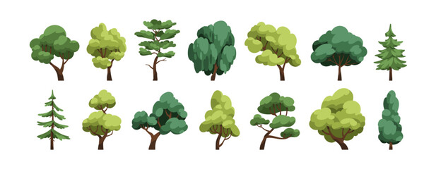 Poster - Trees set. Forest foliage plants. Lush leaf canopy of deciduous and coniferous. Summer wood. Green leafy crowns and trunks. Botanical natural flat vector illustration isolated on white background