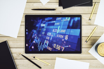 Poster - Top view of abstract creative financial graph on modern digital tablet screen, forex and investment concept. 3D Rendering