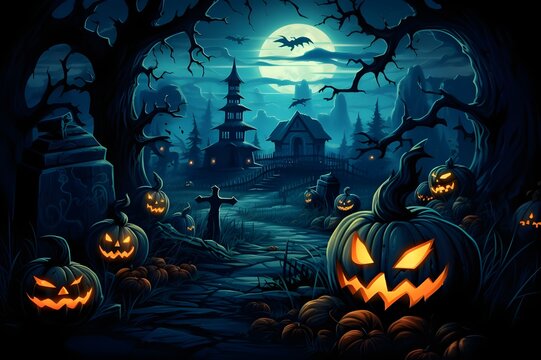 halloween background with pumpkin and bats,Halloween themed witch castle in halloween day scarey night cartoon background with pumpkins, bats, full moon