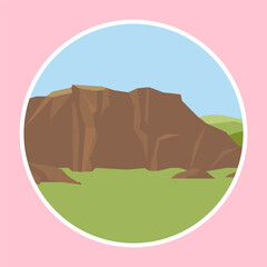 Poster - Rocky mountain landscape in flat style. Vector illustration on a pink background.