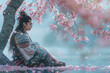 Solitary Samurai Meditating under Cherry Blossoms