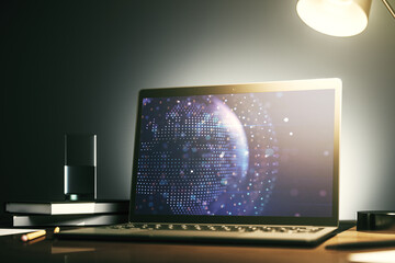 Poster - Modern computer screen with abstract creative digital world map, research and analytics concept. 3D Rendering