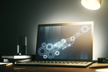 Aufkleber - Modern computer monitor with robotics technology hologram. Research and development software concept. 3D Rendering