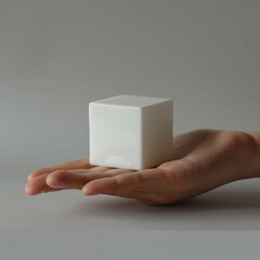 Hand grabbing white minimalistic plastic cube, illustrating contemporary design concept, AI generative.