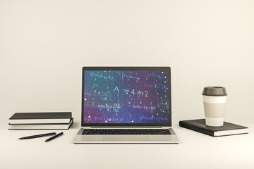 Poster - Creative scientific formula hologram on modern laptop monitor, research concept. 3D Rendering
