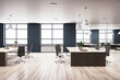Stylish office design with herringbone floor and panoramic city views. Modern work environment. 3D Rendering