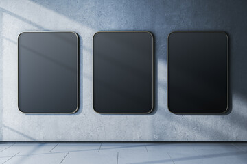 Poster - Modern empty interior with black mock up frames on concrete wall. Gallery and museum concept. 3D Rendering.