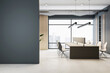 © Who is Danny - A modern office interior with a blank dark wall, desk, and chairs, large windows with a city view, concept of corporate space. 3D Rendering