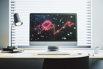 Poster - Creative abstract heart pulse hologram on modern computer monitor, online medical consulting concept. 3D Rendering