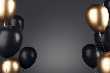 Aufkleber - Creative black and golden balloons on dark background with mock up place. Celebration, grand opening and luxury greeting card concept. 3D Rendering.