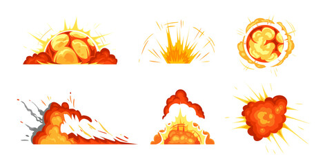 Wall Mural - cartoon explosions. exploding bomb collection set animation. vector of comic burst, blast element gr