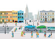 Stadtsilhouette einer Stadt mit Verkehr und Menschen,  illustration