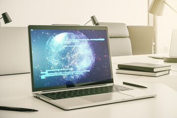 Wall Mural - Abstract creative coding concept with world map on modern laptop screen. 3D Rendering