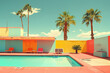Vintage swimming pool scene with colorful walls, palm trees and blue sky