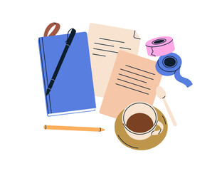 Poster - Notebook, pen, paper sheets, pages with notes, work records. Notepad, planner, sketchbook and coffee cup, abstract workplace composition. Flat vector illustration isolated on white background