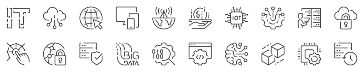 Line icons about information technoligies. Contains such icons as cloud computing, internet, digital transformation and more. Editable vector stroke. 512x512 Pixel Perfect in transparent background.