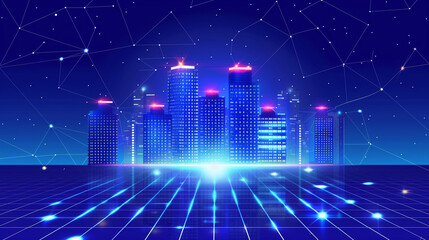 Poster - a city with a blue background and a blue light.