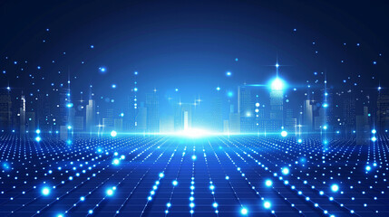 Poster - a blue background with a lot of lights and a city in the background.