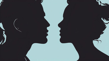 Wall Mural - Romantic Couple Silhouette Faces in Profile, Love and Connection Conceptual Vector Artwork, Black and White Graphic Design of Man and Woman Unity on Isolated Background.
