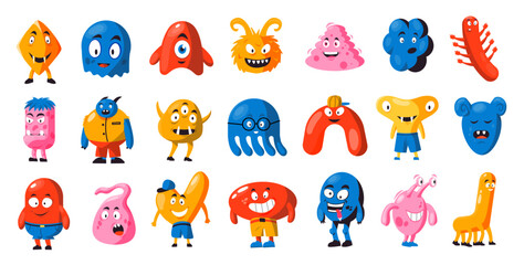 Wall Mural - Funny monster shapes collection for kids toys. Vector of colorful mascot monster, expression baby halloween, cheerful mutant shape illustration