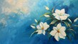 White Lilies Oil Painting on Blue Abstract Background