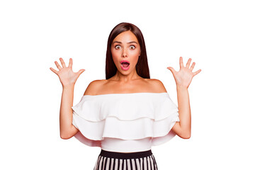 Canvas Print - Portrait of stunned successful pretty dreamy attractive lady wearing white off-the-shoulders top and striped pants showing palms gesture luck lucky isolated over bright vivid red background