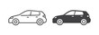 Hatchback car icons in line and solid styles, flat vector pictograms. Black and white representations of economical vehicles, ideal for city driving.