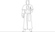 Catholic priest. Christian minister of worship. A full-length male priest in religious vestments. Religion.One continuous line . Line art. Minimal single line.White background. One line drawing. 
