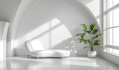 Wall Mural - Minimalist living area with a sofa, indoor plants, and expansive windows. The clean lines and abundant natural light offer a peaceful retreat