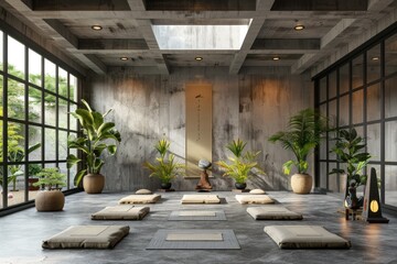 Wall Mural - Spacious and atmospheric yoga studio with natural style decor, featuring plants and large windows. A perfect place for yoga enthusiasts seeking peace