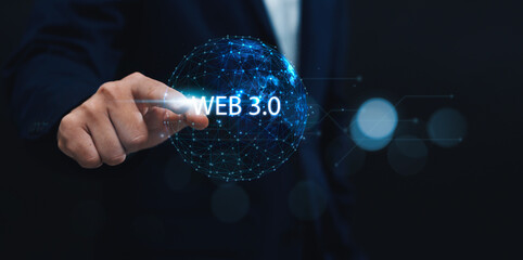 Poster - Future Internet Blockchain Business Person Interacting with Web 3.0 Global Communication and Networking.