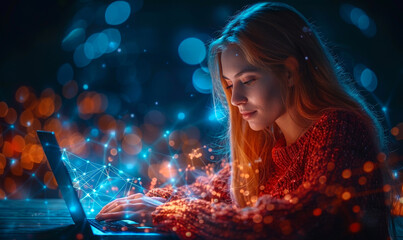 Poster - Woman Using Digital Devices, Connected to Internet, IoT, Big Data, Mobile Marketing Technology Concept