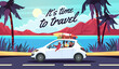 Happy group of friends riding in car. Travelers going on summer vacation, guys and girl relaxing in nature, side view, poster or card design. Adventure journey tidy vector cartoon flat concept
