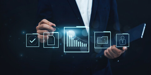 Poster - Businessman analyzing company's financial revenue and profit with value increasing charts, information computer system technology, using data to calculate business strategy, document share transfer.