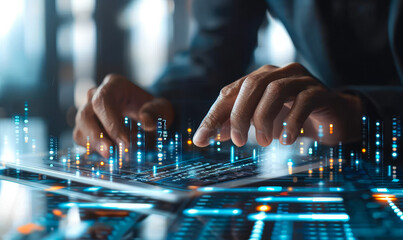 Poster - Businessman Analyzing Digital Data, Financial Reports on Tablet and Laptop - Business Growth, Investment, Data Analytics Concept