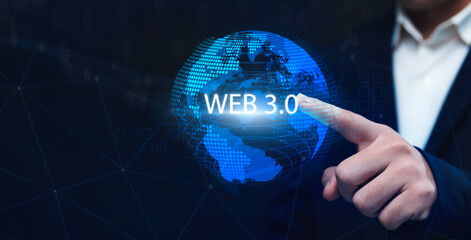 Poster - Future Internet Blockchain Business Person Interacting with Web 3.0 Global Communication and Networking.