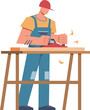 Carpenter cartoon flat style. Builder in helmet working with tools, professional equipment, industrial instrument. Repairman or craftsman. Sawing wood board at workshop. Vector illustration