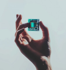 hand holding high-tech nano chip, motherboard, technology, quantum computer, white background, future, science, scientist, development, hardware, digital, electrical, small device, engineer