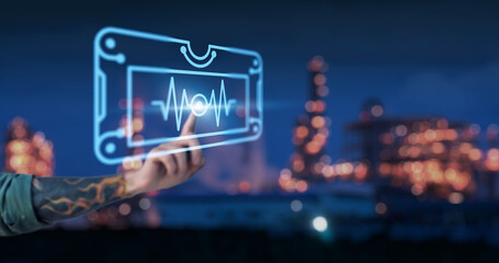 Leinwandbilder - Engineer hand arm monitoring manufacturing factory plant, manager managing controlling using computer holographic display analysis innovation technology, male engineer, banner background.