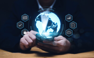 Poster - businessman using smartphone with virtual world global internet connection, online sharing informati
