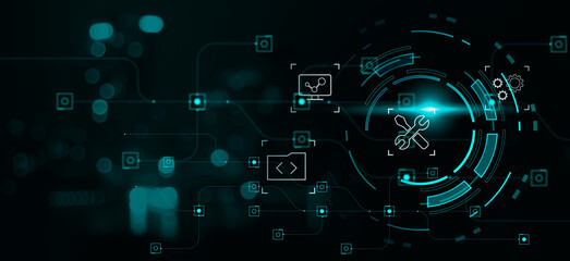 Leinwandbilder - Software engineering designing programming code application softwares development using AI digital artificial intelligence, computer internet technology industry graphical icon, banner background.