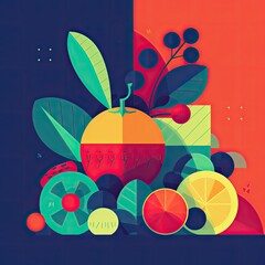 Minimalist graphic design of big fruit blast, bright colors, flat style