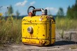 A rusty yellow gas can sits on the ground