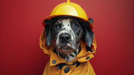 Wall Mural - A Dalmatian dog wearing a yellow firefighter helmet and jacket against a red background.