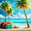 Tropical Paradise: Luggage on Beach with Palm Trees