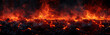 Halloween molten lava texture background. Burning fire coles concept of armageddon hell. Fiery lava and rock backdrop with atmospheric light, grunge glowing texture