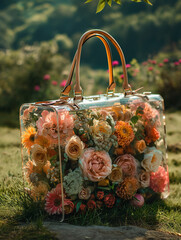 Wall Mural - A transparent luxury bag filled with flowers and placed on the grass. Minimal spring concept.